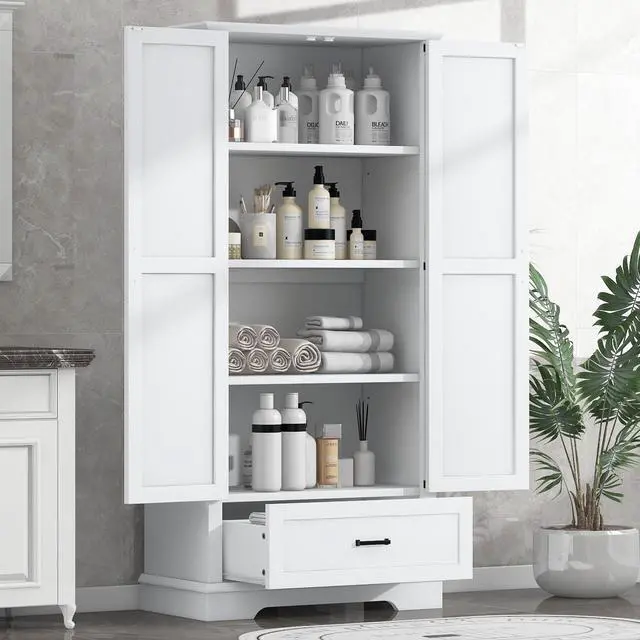 Alt view image 2 of 7 - Tall Bathroom Storage Cabinet, Cabinet with Two Doors and One Drawer, Adjustable Shelf, MDF Board, White