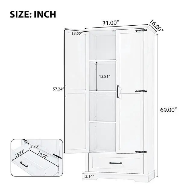 Alt view image 3 of 7 - Tall Bathroom Storage Cabinet, Cabinet with Two Doors and One Drawer, Adjustable Shelf, MDF Board, White