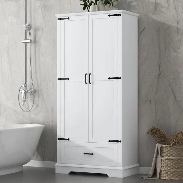 Alt view image 5 of 7 - Tall Bathroom Storage Cabinet, Cabinet with Two Doors and One Drawer, Adjustable Shelf, MDF Board, White