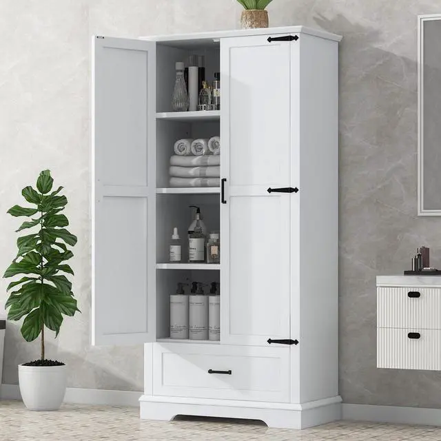 Alt view image 4 of 7 - Tall Bathroom Storage Cabinet, Cabinet with Two Doors and One Drawer, Adjustable Shelf, MDF Board, White