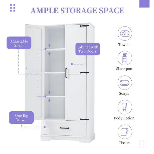 Alt view image 6 of 7 - Tall Bathroom Storage Cabinet, Cabinet with Two Doors and One Drawer, Adjustable Shelf, MDF Board, White