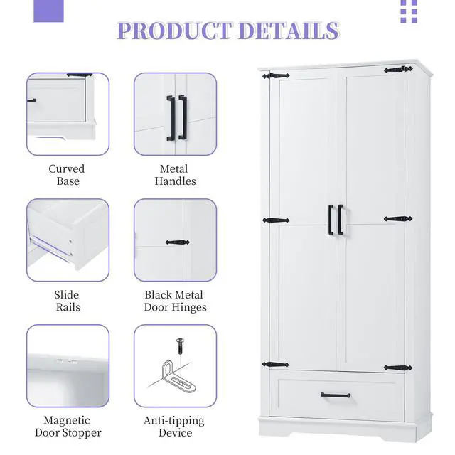 Alt view image 7 of 7 - Tall Bathroom Storage Cabinet, Cabinet with Two Doors and One Drawer, Adjustable Shelf, MDF Board, White