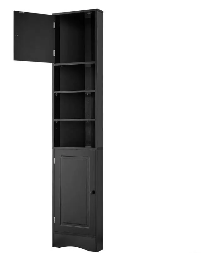 Main image of Multi-Functional Corner Cabinet Tall Bathroom Storage Cabinet with Two Doors and Adjustable Shelves, Open Shelf, Black