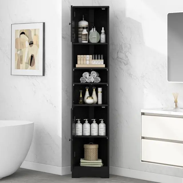 Alt view image 2 of 7 - Multi-Functional Corner Cabinet Tall Bathroom Storage Cabinet with Two Doors and Adjustable Shelves, Open Shelf, Black