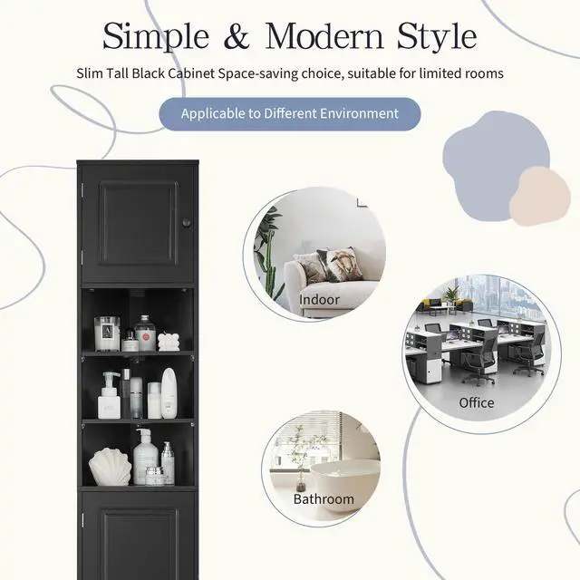 Alt view image 5 of 7 - Multi-Functional Corner Cabinet Tall Bathroom Storage Cabinet with Two Doors and Adjustable Shelves, Open Shelf, Black
