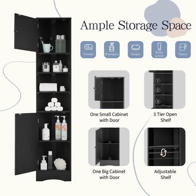 Alt view image 7 of 7 - Multi-Functional Corner Cabinet Tall Bathroom Storage Cabinet with Two Doors and Adjustable Shelves, Open Shelf, Black