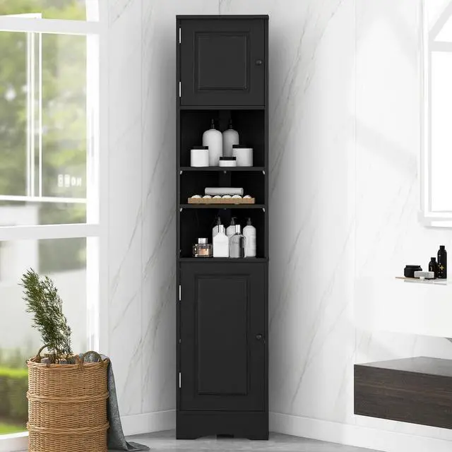 Alt view image 4 of 7 - Multi-Functional Corner Cabinet Tall Bathroom Storage Cabinet with Two Doors and Adjustable Shelves, Open Shelf, Black
