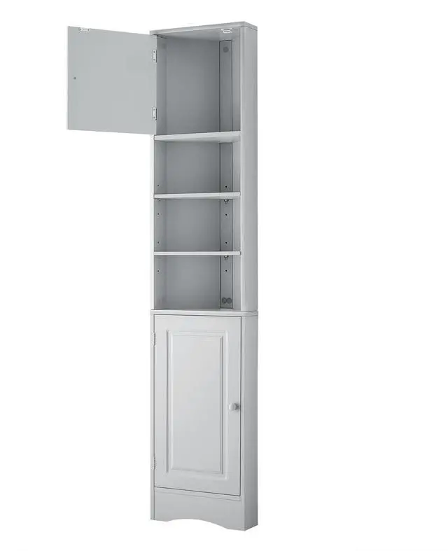 Main image of Multi-Functional Corner Cabinet Tall Bathroom Storage Cabinet with Two Doors and Adjustable Shelves, Open Shelf, Grey