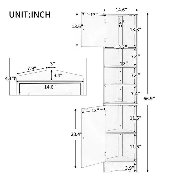 Alt view image 3 of 7 - Multi-Functional Corner Cabinet Tall Bathroom Storage Cabinet with Two Doors and Adjustable Shelves, Open Shelf, Grey