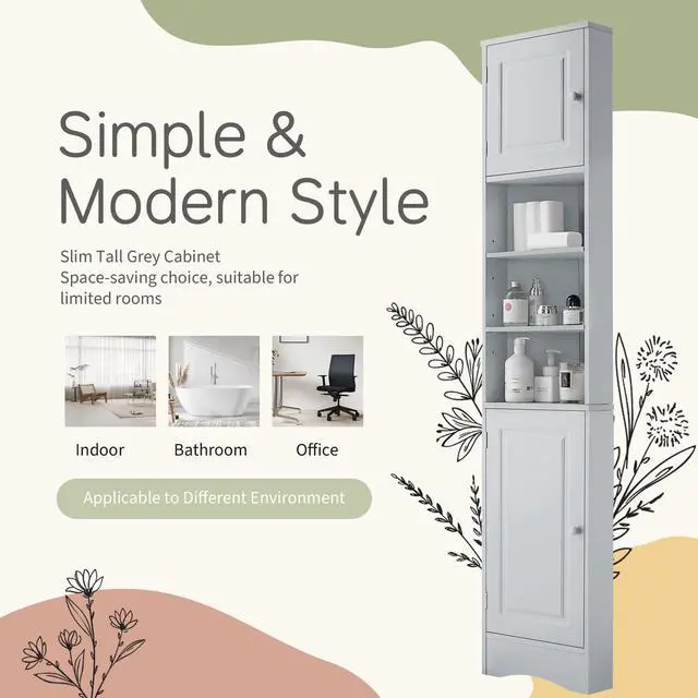 Alt view image 5 of 7 - Multi-Functional Corner Cabinet Tall Bathroom Storage Cabinet with Two Doors and Adjustable Shelves, Open Shelf, Grey