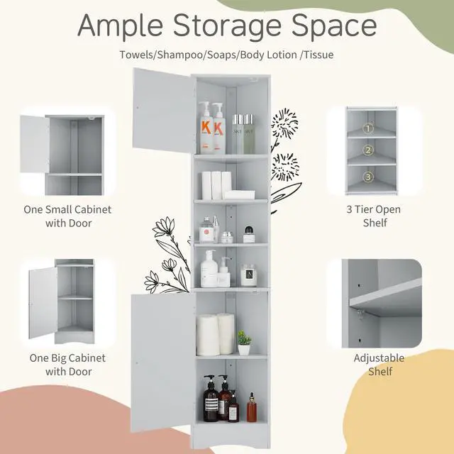 Alt view image 6 of 7 - Multi-Functional Corner Cabinet Tall Bathroom Storage Cabinet with Two Doors and Adjustable Shelves, Open Shelf, Grey