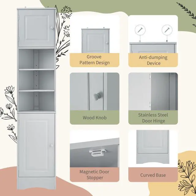 Alt view image 7 of 7 - Multi-Functional Corner Cabinet Tall Bathroom Storage Cabinet with Two Doors and Adjustable Shelves, Open Shelf, Grey