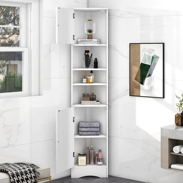 Alt view image 2 of 7 - Multi-Functional Corner Cabinet Tall Bathroom Storage Cabinet with Two Doors and Adjustable Shelves, Open Shelf, White(Old Sku:WF294602AAK)