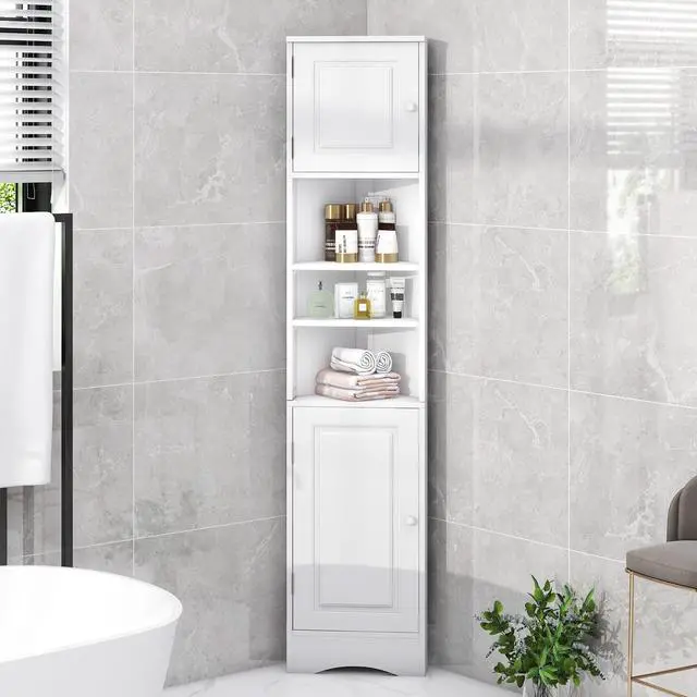 Alt view image 4 of 7 - Multi-Functional Corner Cabinet Tall Bathroom Storage Cabinet with Two Doors and Adjustable Shelves, Open Shelf, White(Old Sku:WF294602AAK)
