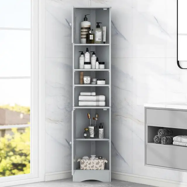 Alt view image 4 of 7 - Multi-Functional Corner Cabinet Tall Bathroom Storage Cabinet with Two Doors and Adjustable Shelves, Open Shelf, Grey