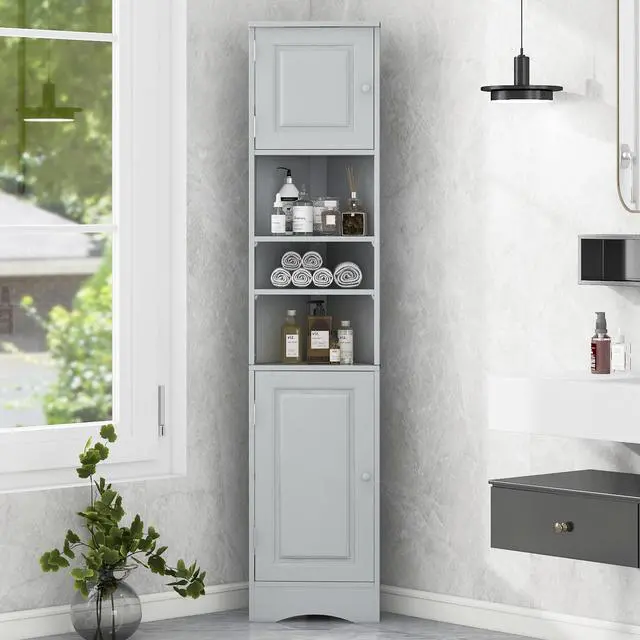 Alt view image 2 of 7 - Multi-Functional Corner Cabinet Tall Bathroom Storage Cabinet with Two Doors and Adjustable Shelves, Open Shelf, Grey