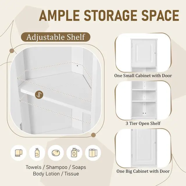 Alt view image 6 of 7 - Multi-Functional Corner Cabinet Tall Bathroom Storage Cabinet with Two Doors and Adjustable Shelves, Open Shelf, White(Old Sku:WF294602AAK)