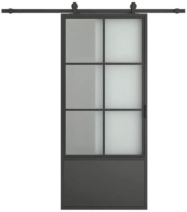 Main image of 30 in. x 84 in. 3/4 Lites Frosted Glass Black Steel Frame Interior Sliding Barn Door with Hardware Kit and Door Handle