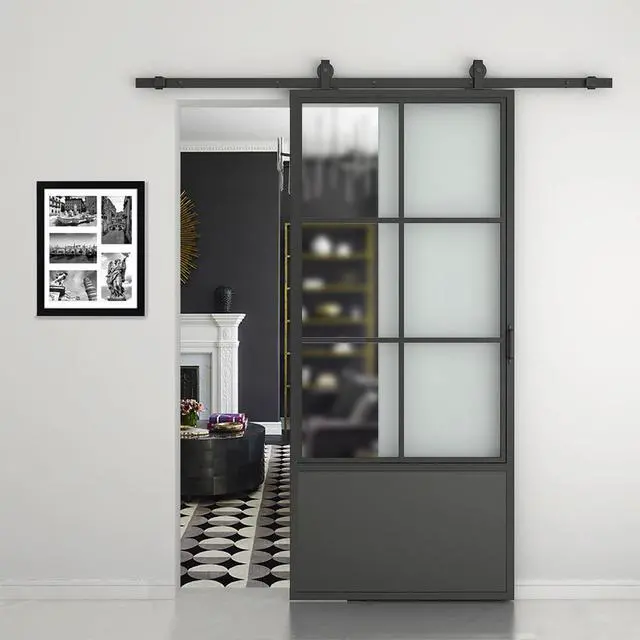 Alt view image 3 of 7 - 30 in. x 84 in. 3/4 Lites Frosted Glass Black Steel Frame Interior Sliding Barn Door with Hardware Kit and Door Handle
