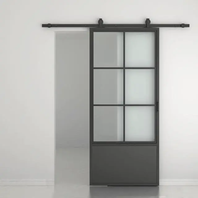 Alt view image 4 of 7 - 30 in. x 84 in. 3/4 Lites Frosted Glass Black Steel Frame Interior Sliding Barn Door with Hardware Kit and Door Handle