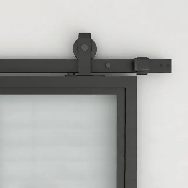 Alt view image 5 of 7 - 30 in. x 84 in. 3/4 Lites Frosted Glass Black Steel Frame Interior Sliding Barn Door with Hardware Kit and Door Handle