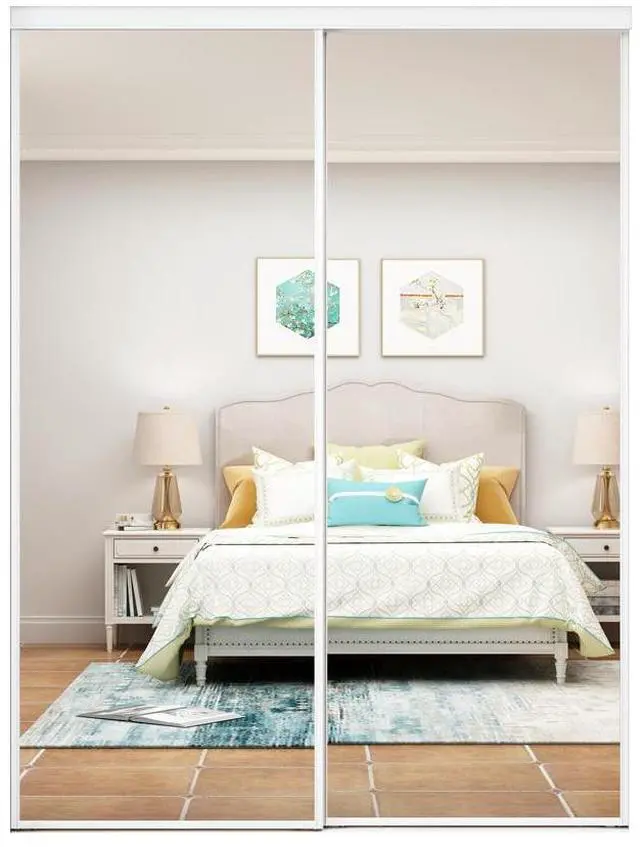 Main image of 60 in. x 80 in. Mirror White Steel Frame Interior Closet Sliding Door with White Trim and Hardware Kit
