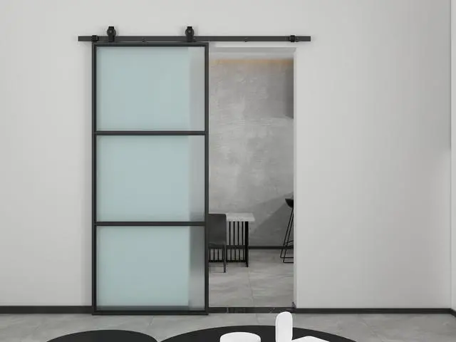 Alt view image 4 of 5 - 36 in. x 84 in. Full Lite Frosted Glass Black Steel Assembly Required Sliding Barn Door with Hardware Kit