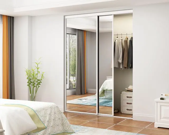 Alt view image 5 of 7 - 60 in. x 80 in. Mirror White Steel Frame Interior Closet Sliding Door with White Trim and Hardware Kit