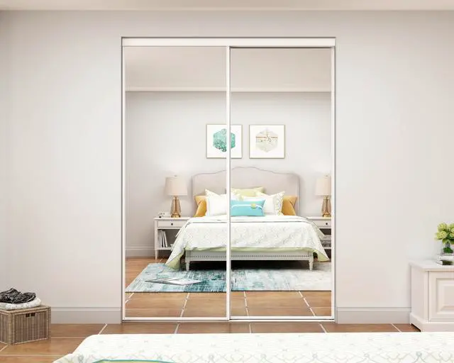 Alt view image 3 of 7 - 60 in. x 80 in. Mirror White Steel Frame Interior Closet Sliding Door with White Trim and Hardware Kit
