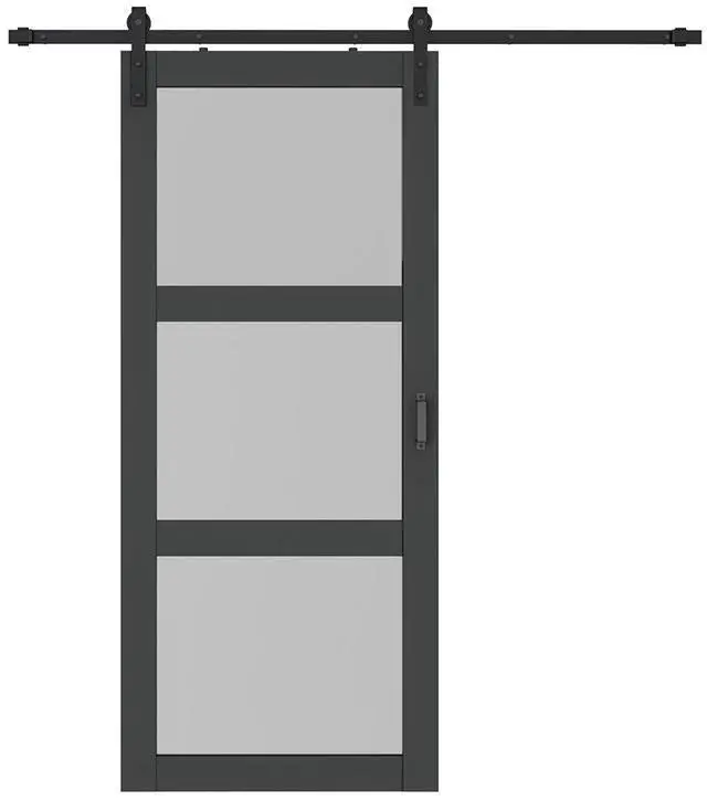 Main image of 36 in. x 84 in. 3 Lite Pre Assembled Frosted Glass Black MDF Interior Sliding Barn Door with Hardware Kit Door Handle