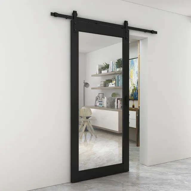 Alt view image 5 of 7 - 36 in. x 84 in. Mirrored Glass Black MDF Interior Sliding Barn-Door with Hardware Kit and-Door Handle