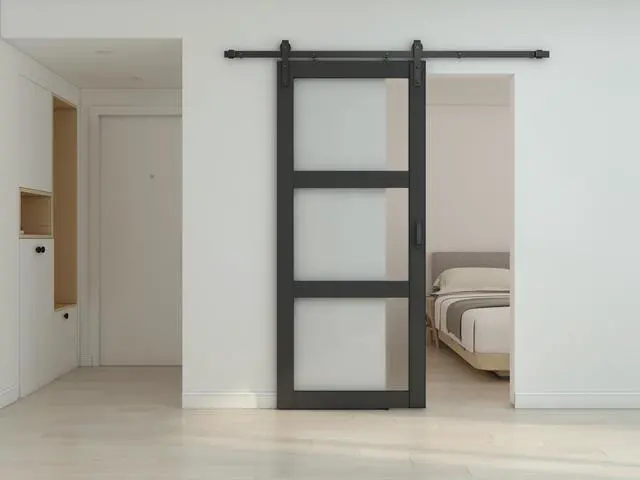 Alt view image 6 of 6 - 36 in. x 84 in. 3 Lite Pre Assembled Frosted Glass Black MDF Interior Sliding Barn Door with Hardware Kit Door Handle