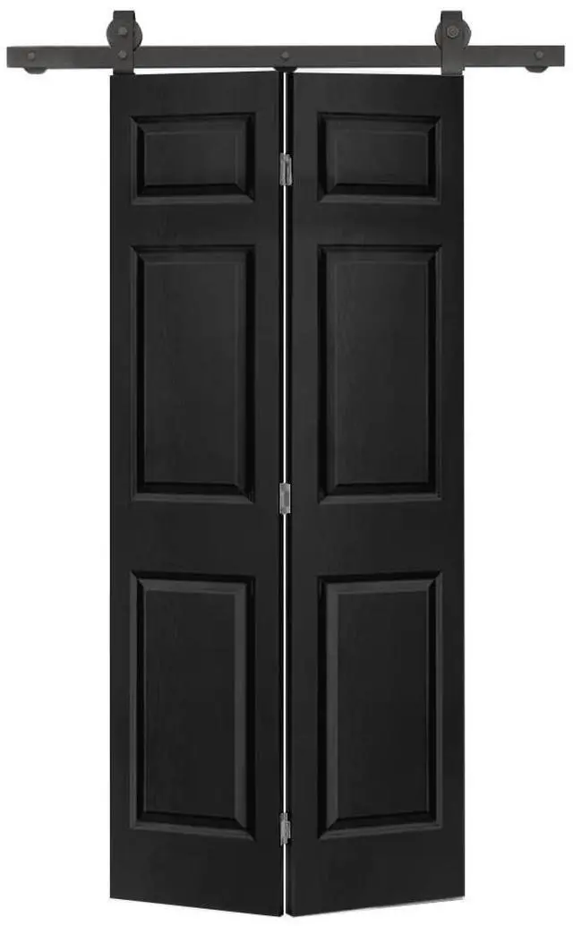 Main image of 30 in. x 80 in. 6-Panel Black Painted MDF Composite Bi-Fold Barn Door with Sliding Hardware Kit
