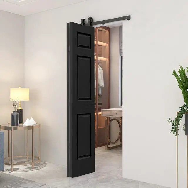 Alt view image 4 of 7 - 30 in. x 80 in. 6-Panel Black Painted MDF Composite Bi-Fold Barn Door with Sliding Hardware Kit