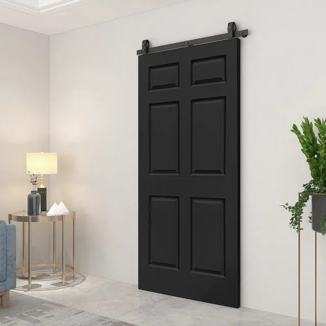Alt view image 6 of 7 - 30 in. x 80 in. 6-Panel Black Painted MDF Composite Bi-Fold Barn Door with Sliding Hardware Kit
