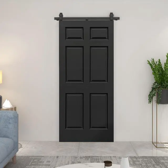 Alt view image 7 of 7 - 30 in. x 80 in. 6-Panel Black Painted MDF Composite Bi-Fold Barn Door with Sliding Hardware Kit