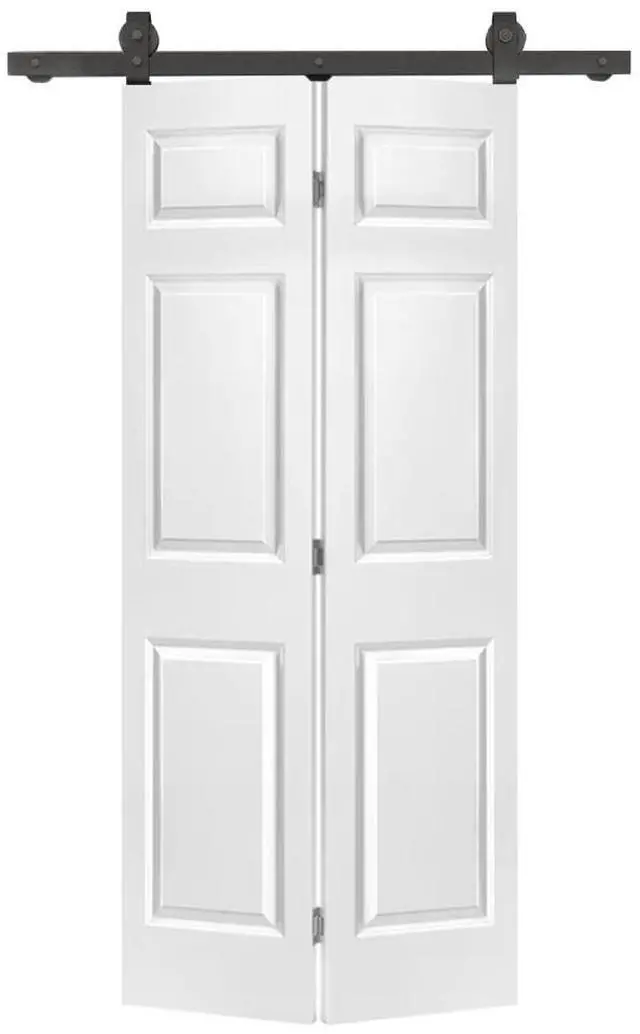 Main image of 36 in. x 84 in. 6 Panel Hollow Core Primed MDF Composite Bi-Fold Barn Door with Sliding Hardware Kit