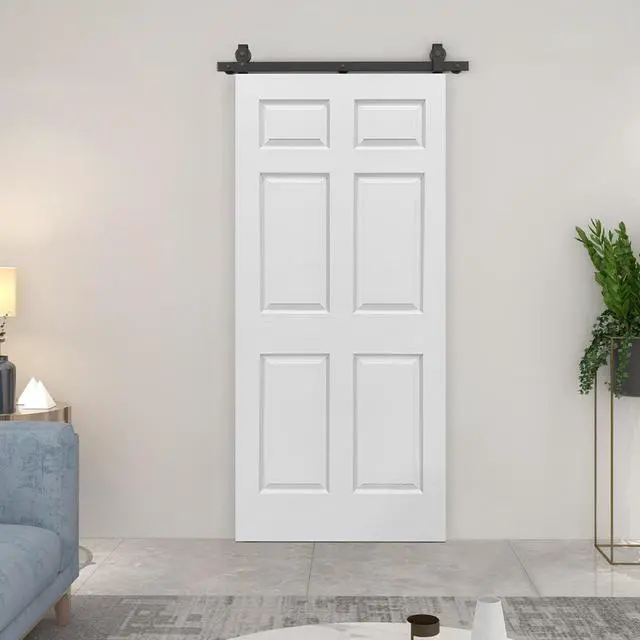 Alt view image 2 of 7 - 36 in. x 84 in. 6 Panel Hollow Core Primed MDF Composite Bi-Fold Barn Door with Sliding Hardware Kit