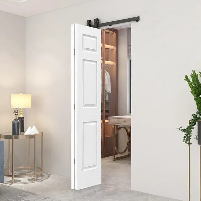 Alt view image 4 of 7 - 36 in. x 84 in. 6 Panel Hollow Core Primed MDF Composite Bi-Fold Barn Door with Sliding Hardware Kit