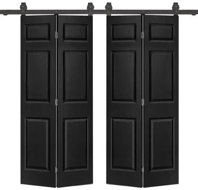Main image of 48 in. x 80 in. 6-Panel Black Painted MDF Composite Double Bi-Fold Barn Door with Sliding Hardware Kit