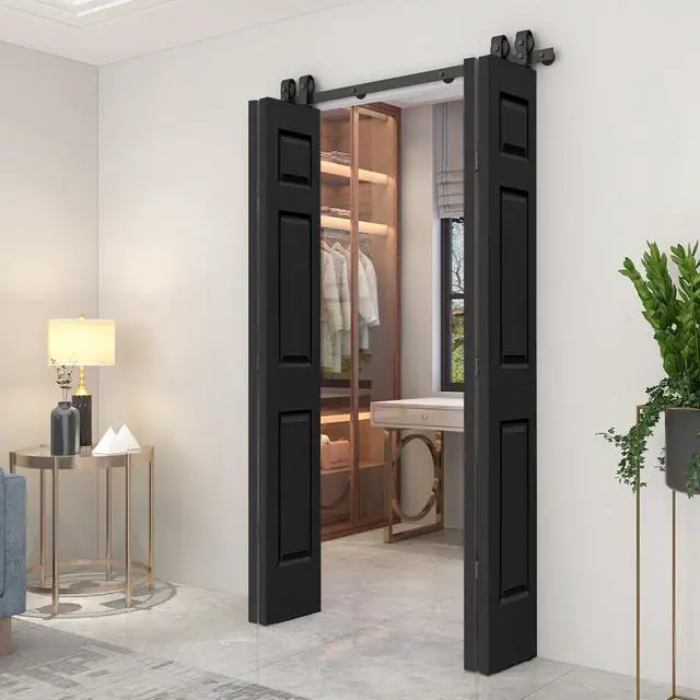 Alt view image 5 of 7 - 48 in. x 80 in. 6-Panel Black Painted MDF Composite Double Bi-Fold Barn Door with Sliding Hardware Kit