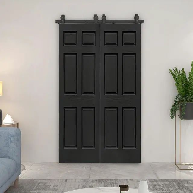 Alt view image 6 of 7 - 48 in. x 80 in. 6-Panel Black Painted MDF Composite Double Bi-Fold Barn Door with Sliding Hardware Kit