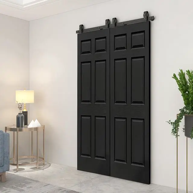Alt view image 4 of 7 - 48 in. x 80 in. 6-Panel Black Painted MDF Composite Double Bi-Fold Barn Door with Sliding Hardware Kit