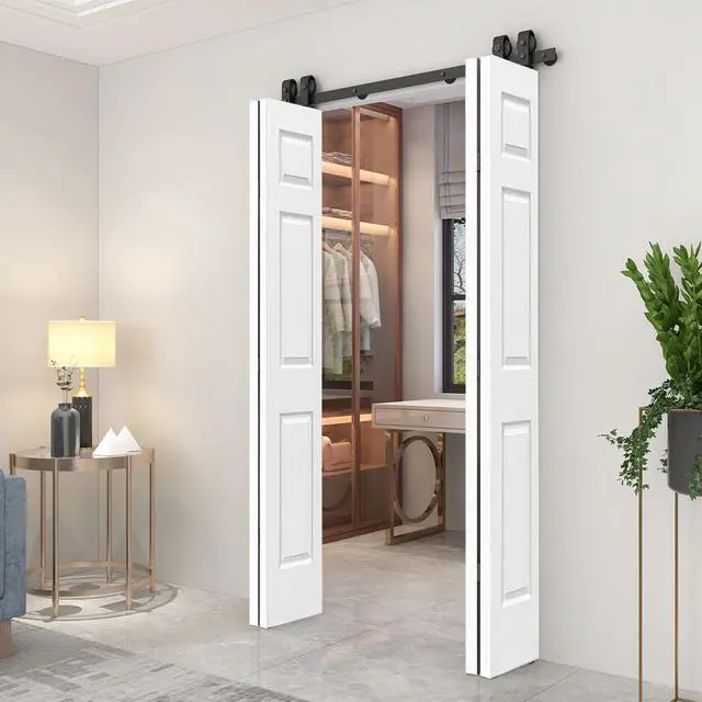 Alt view image 6 of 7 - 48 in. x 80 in. 6-Panel White Painted MDF Composite Double Bi-Fold Barn Door with Sliding Hardware Kit