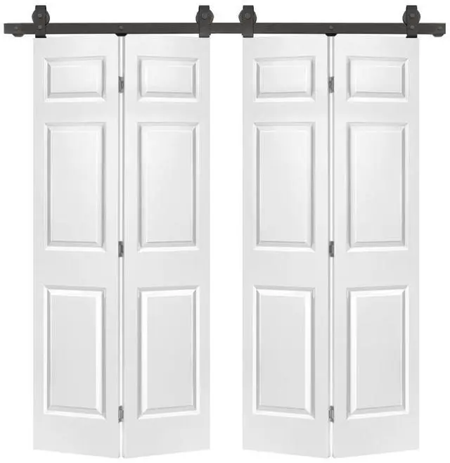 Main image of 48 in. x 80 in. 6-Panel White Painted MDF Composite Double Bi-Fold Barn Door with Sliding Hardware Kit