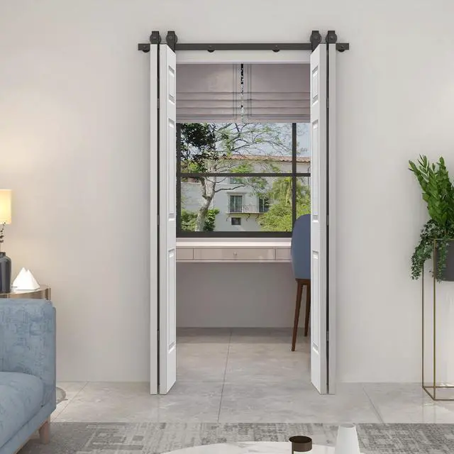 Alt view image 3 of 7 - 48 in. x 80 in. 6-Panel White Painted MDF Composite Double Bi-Fold Barn Door with Sliding Hardware Kit