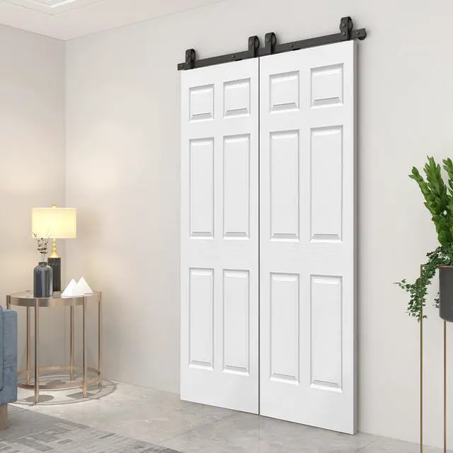 Alt view image 2 of 7 - 48 in. x 80 in. 6-Panel White Painted MDF Composite Double Bi-Fold Barn Door with Sliding Hardware Kit
