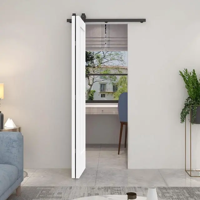 Alt view image 5 of 6 - 36 in. x 80 in. 1 Panel Shaker Primed MDF Composite Bi-Fold Barn Door with Sliding Hardware Kit