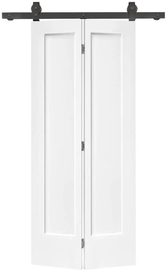 Main image of 36 in. x 80 in. 1 Panel Shaker Primed MDF Composite Bi-Fold Barn Door with Sliding Hardware Kit