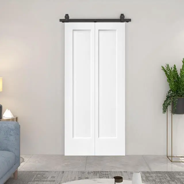 Alt view image 3 of 6 - 36 in. x 80 in. 1 Panel Shaker Primed MDF Composite Bi-Fold Barn Door with Sliding Hardware Kit